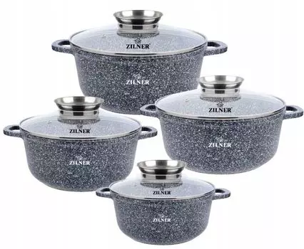 ZILNER Набор гранитных кастрюль из 8 предметов, набор кастрюль, набор посуды, мраморное покрытие, 16/20/22/26 см Zl-8532, серый