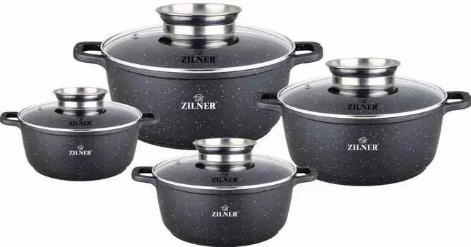 Zilner Набор кастрюль из 8 предметов 16 / 20 / 24 / 28 см, набор кастрюль | Набор посуды, набор кастрюль, подходящий для индукционной плиты ZL-8900, черный