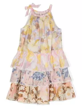 ZIMMERMANN Kids многоярусное платье из хлопка с цветочным узором, желтый