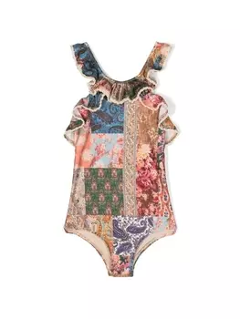 ZIMMERMANN Kids жаккардовый купальник с оборками, нейтральный цвет