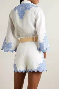 ZIMMERMANN льняные шорты Raie с поясом и аппликацией из кружева, слоновая кость