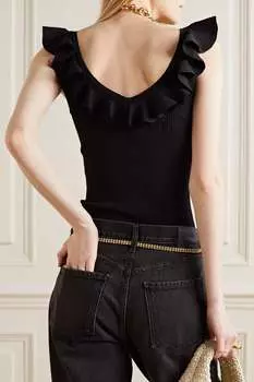 ZIMMERMANN майка Devi из трикотажа в рубчик с оборками, черный