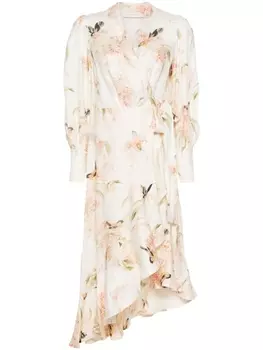 ZIMMERMANN платье миди с запахом и принтом Coral Birds, розовый