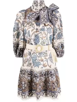 ZIMMERMANN платье мини с кружевной отделкой и узором, синий