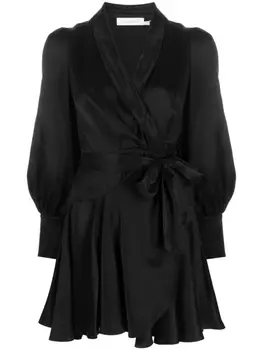 ZIMMERMANN шелковое платье мини с запахом и длинным рукавами, черный