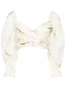 ZIMMERMANN укороченная блузка с принтом Acacia Birds, нейтральный цвет