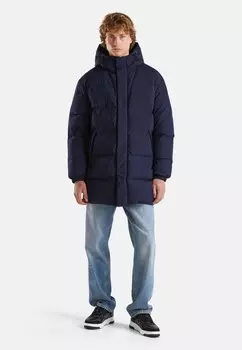 Зимнее пальто HOODED PUFFER IN PADDED HORIZONTAL ZIP FASTENING WITH FLY SIDE POCKETS WITH FLAP AND CONCEALED SNAP BUTTON ELASTICATED HEM AND CUFFS United Colors of Benetton, синий