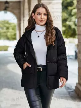 Зимнее пальто Modichic с капюшоном и молнией Shein, черный