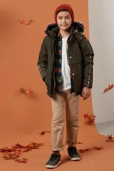 Зимнее пальто с капюшоном, воротником из искусственного меха и плюшевой подкладкой 6036056 Lela, хаки