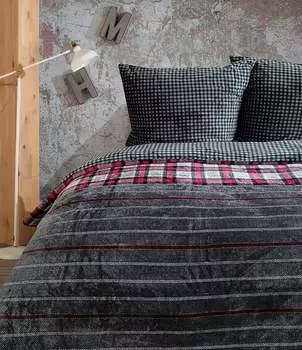 Зимнее постельное белье тедди плюш в полоску антрацит Ники флис пушистый теплый, размер: 3 шт. 200х220 см One-Home