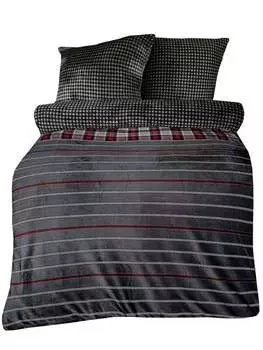 Зимнее постельное белье тедди плюш Nicki пушистое приятное теплое мягкое, размер: 4 шт. 155 х 220 см, цвет: полосатый в полоску антрацит красный One-Home