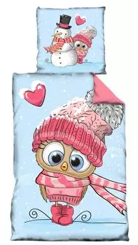 Зимнее пушистое постельное белье 135х200 см сова розово-голубое термофлис двустороннее детское One-Home, синий