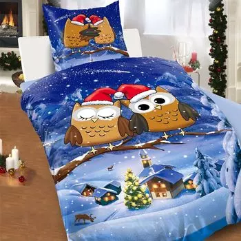 Зимнее термофлисовое постельное белье из двух предметов микрофибра микрофибра 135 x 200 см термофлис флис зимний пейзаж снег мягкий приятный теплый Эдельтрауд сова синий leonado vicenti