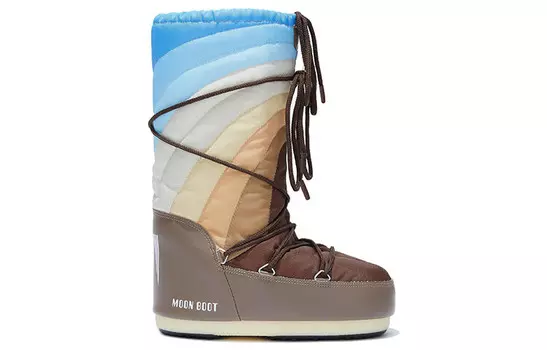 Зимние сапоги с радужным принтом и логотипом Moon Boot, цвет Shitake/Brown/Blue