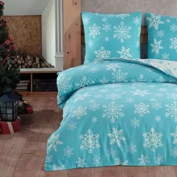 Зимний комплект постельного белья Beaver 200х200 см, 100% хлопок, фланель, пододеяльник из 3 предметов, снежинки/бирюзово-белый Buymax