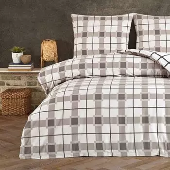 Зимний комплект постельного белья Biber 200 x 200 см, 100 % хлопок, фланель, пододеяльник из 3 предметов в клетку/Коричнево-бежевый Buymax, коричневый