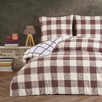 Зимний комплект постельного белья Biber 135 x 200 см, 100% хлопок, фланель, 2 предмета, пододеяльник в клетку/Коричнево-бежевый Buymax