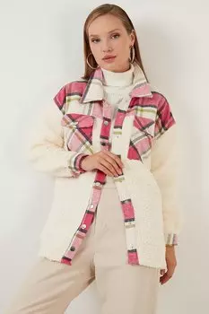 Зимняя куртка-рубашка из искусственного меха с карманами в клетку и рисунком оверсайз, женская куртка-рубашка 42190477 Lela