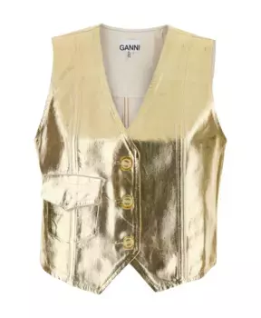 Золотая джинсовая куртка без рукавов с v образным вырезом Ganni, желтый