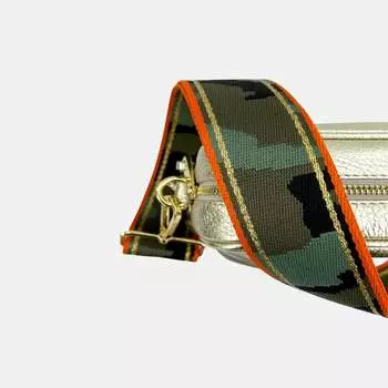 Золотая кожаная сумка через плечо с камуфляжным ремешком в оранжево-золотую полоску Apatchy London, золото