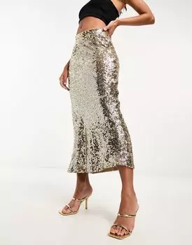 Золотая юбка макси с косым вырезом и пайетками ASOS