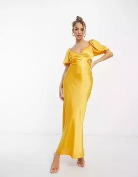 Золотистое атласное платье миди-миди ASOS Design с бретелями на спине и кружевной отделкой
