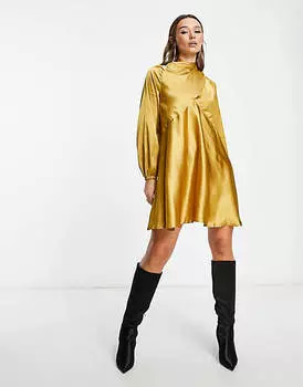 Золотистое атласное платье мини с завязками на спине River Island