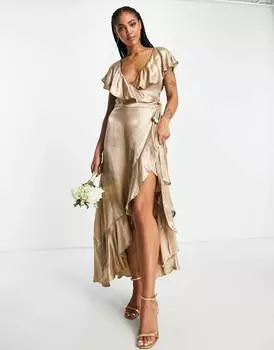Золотистое атласное платье с запахом и оборками Topshop bridesmaid