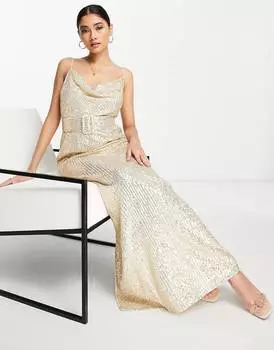 Золотистое платье макси на бретельках с поясом ASOS DESIGN