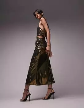 Золотистое платье миди с вырезом в виде лямки Topshop
