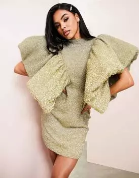 Золотистое трикотажное платье с люрексом и оборками на плечах ASOS LUXE