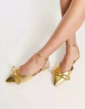 Золотистые балетки с ремешком на спине и бантом London Rebel