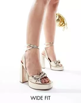 Золотистые босоножки на платформе с завязками ASOS DESIGN Wide Fit Nikita