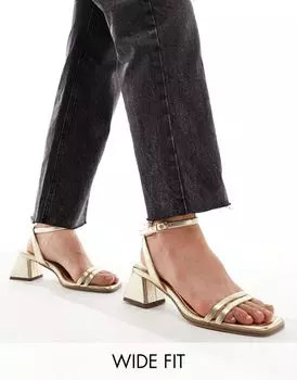 Золотистые босоножки на среднем каблуке ASOS DESIGN Wide Fit Honeydew