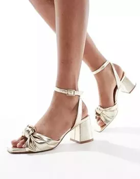 Золотистые босоножки на среднем каблуке с узлом ASOS Hansel