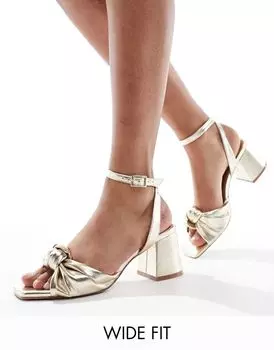 Золотистые босоножки на среднем каблуке с узлом ASOS DESIGN Wide Fit Hansel