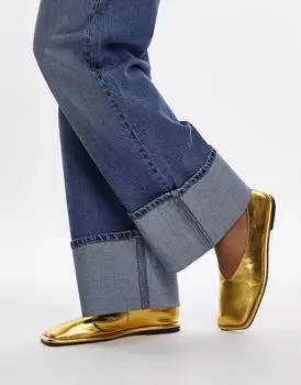 Золотистые кожаные туфли на плоской подошве без подкладки с квадратным носком Topshop Charlotte