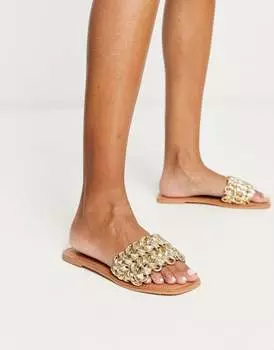 Золотистые плетеные сандалии на плоской подошве ASOS DESIGN Flora