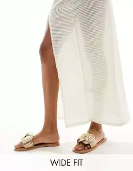 Золотистые плетеные сандалии на плоской подошве ASOS DESIGN Wide Fit Fifi