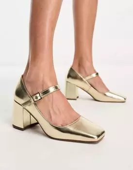 Золотистые туфли Мэри Джейн на среднем каблуке ASOS Selene