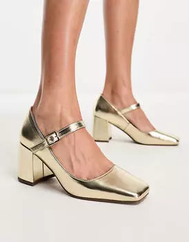 Золотистые туфли на среднем каблуке ASOS DESIGN Selene Mary Jane
