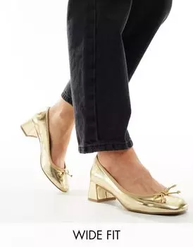 Золотистые туфли на среднем каблуке с бантом ASOS DESIGN Wide Fit Steffie