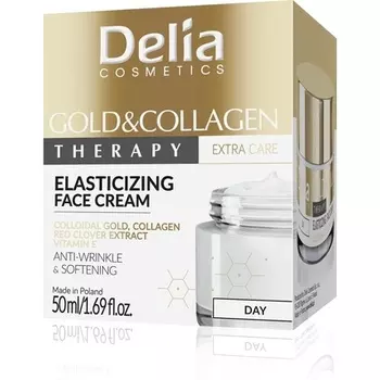 Золото и коллаген эластичный дневной крем против морщин, смягчающий с коллоидным экстрактом красного клевера золота и витамином Е 50 мл, Delia Cosmetics