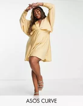 Золотое атласное мини-платье с косой юбкой и завязками на спине ASOS DESIGN Curve Curve