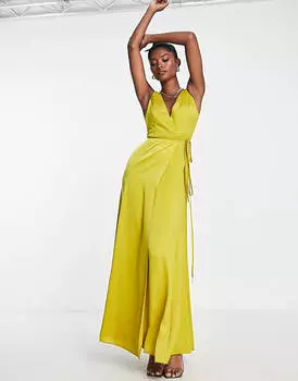 Золотое атласное платье макси с запахом и завязкой на талии ASOS DESIGN