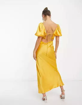 Золотое атласное платье миди с кружевной отделкой и бретелями на спине ASOS DESIGN Milkmaid