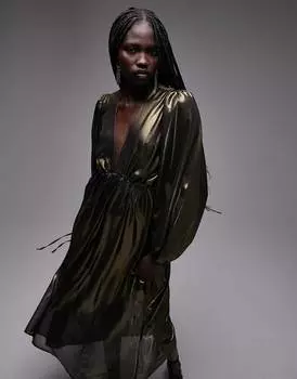 Золотое платье миди с эффектом металлик и присборенной талией Topshop