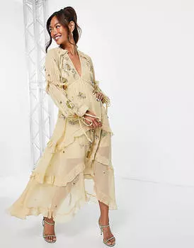 Золотое платье миди трапециевидного силуэта с кластерами ASOS DESIGN