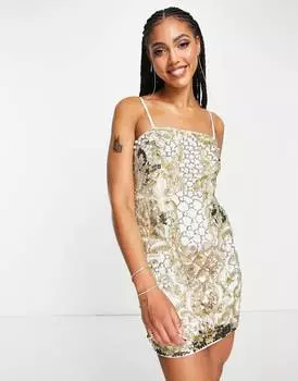 Золотое платье мини на бретельках с жемчугом и сеткой ASOS EDITION