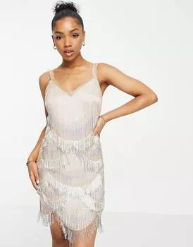 Золотое платье мини с бахромой и фестонами Miss Selfridge Premium с украшением
